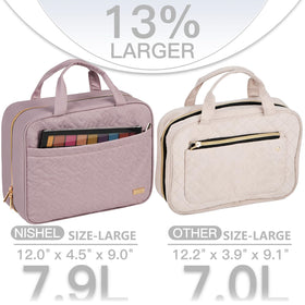 NISHEL Travel Toiletry Bag open showing four compartments
