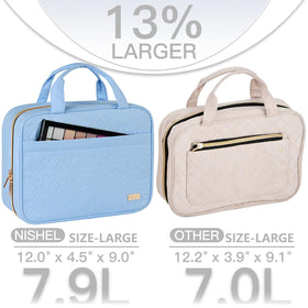 NISHEL Travel Toiletry Bag open with full-sized products