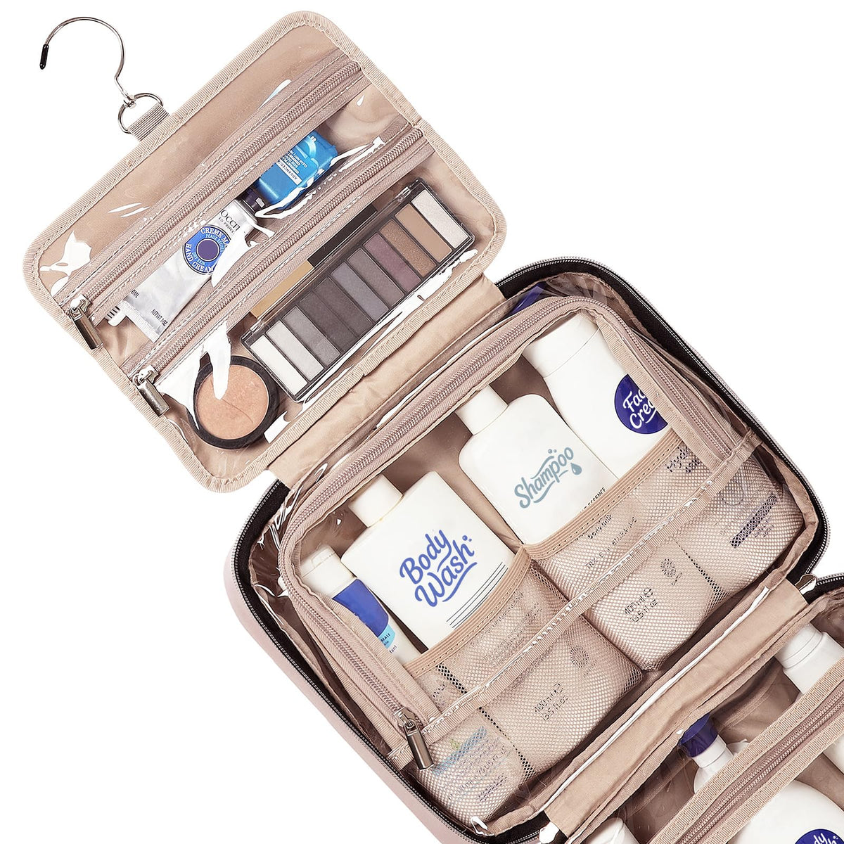 NISHEL Travel Toiletry Bag packed with full-sized toiletries