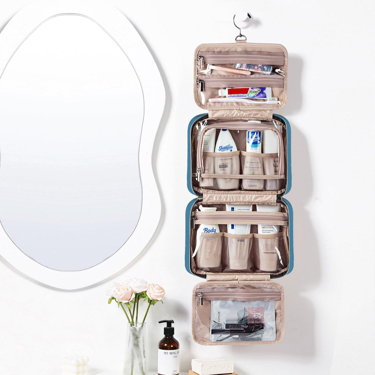 NISHEL Travel Toiletry Bag showing transparent window for visibility