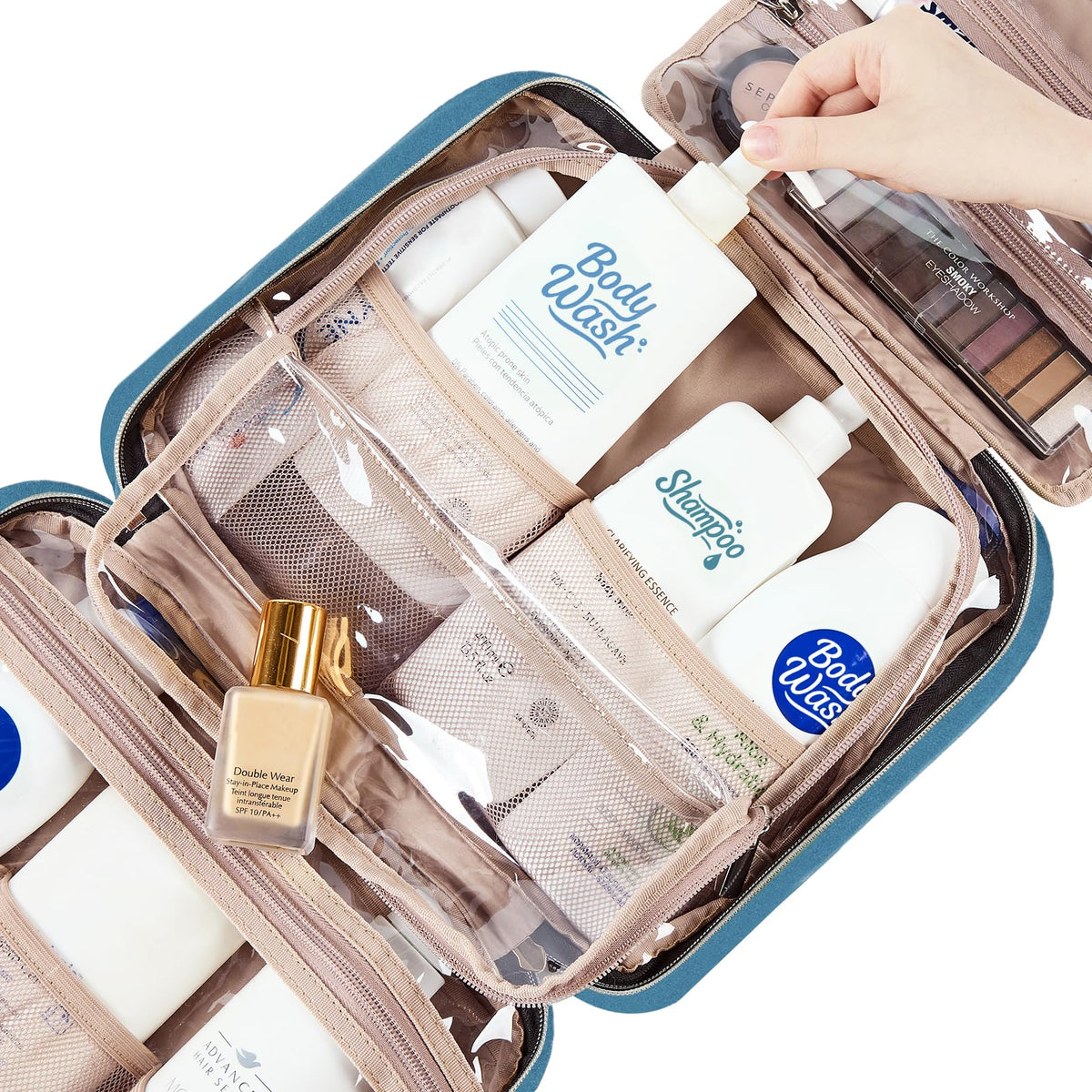 NISHEL Travel Toiletry Bag with full-sized toiletries inside