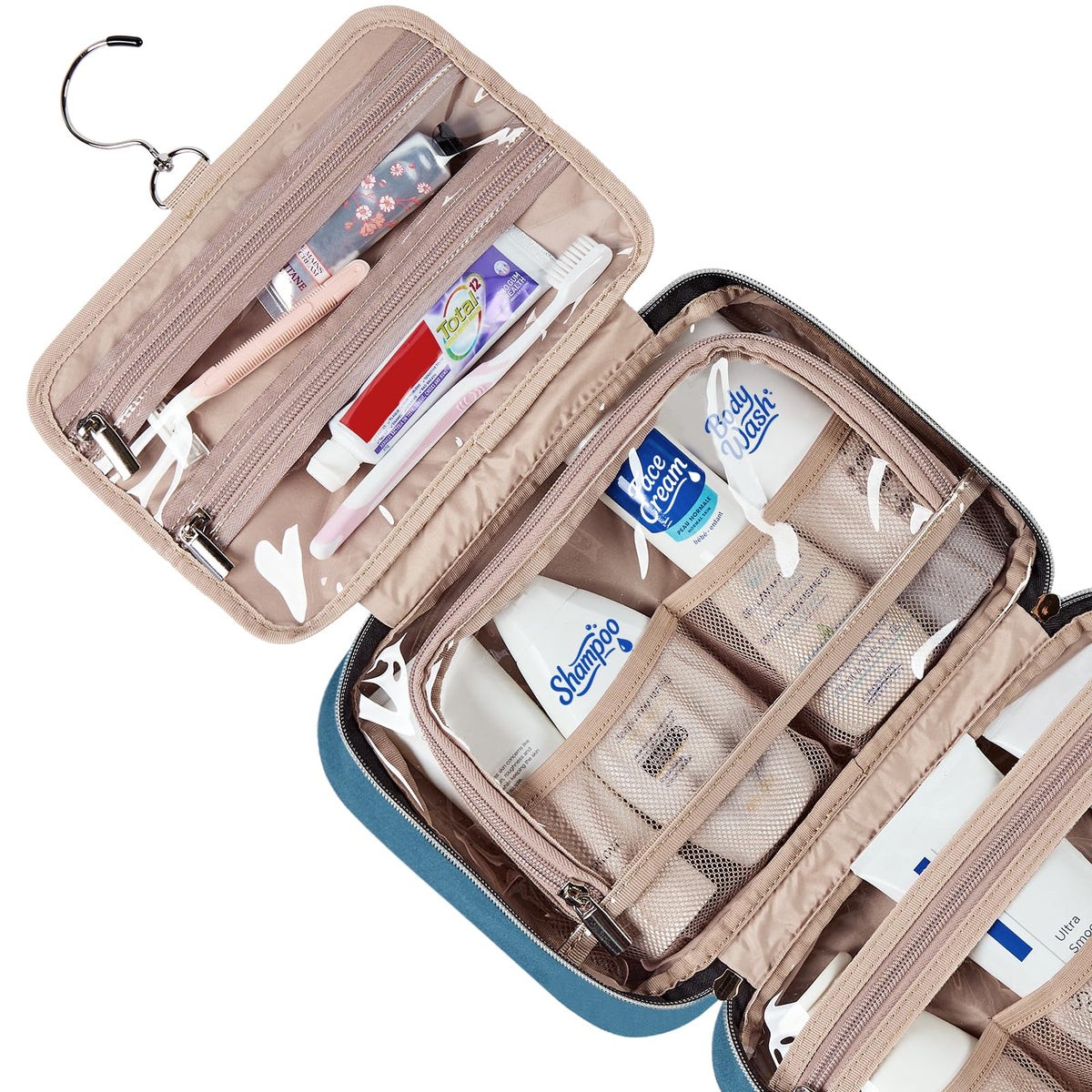 NISHEL Travel Toiletry Bag with toiletries inside compartments