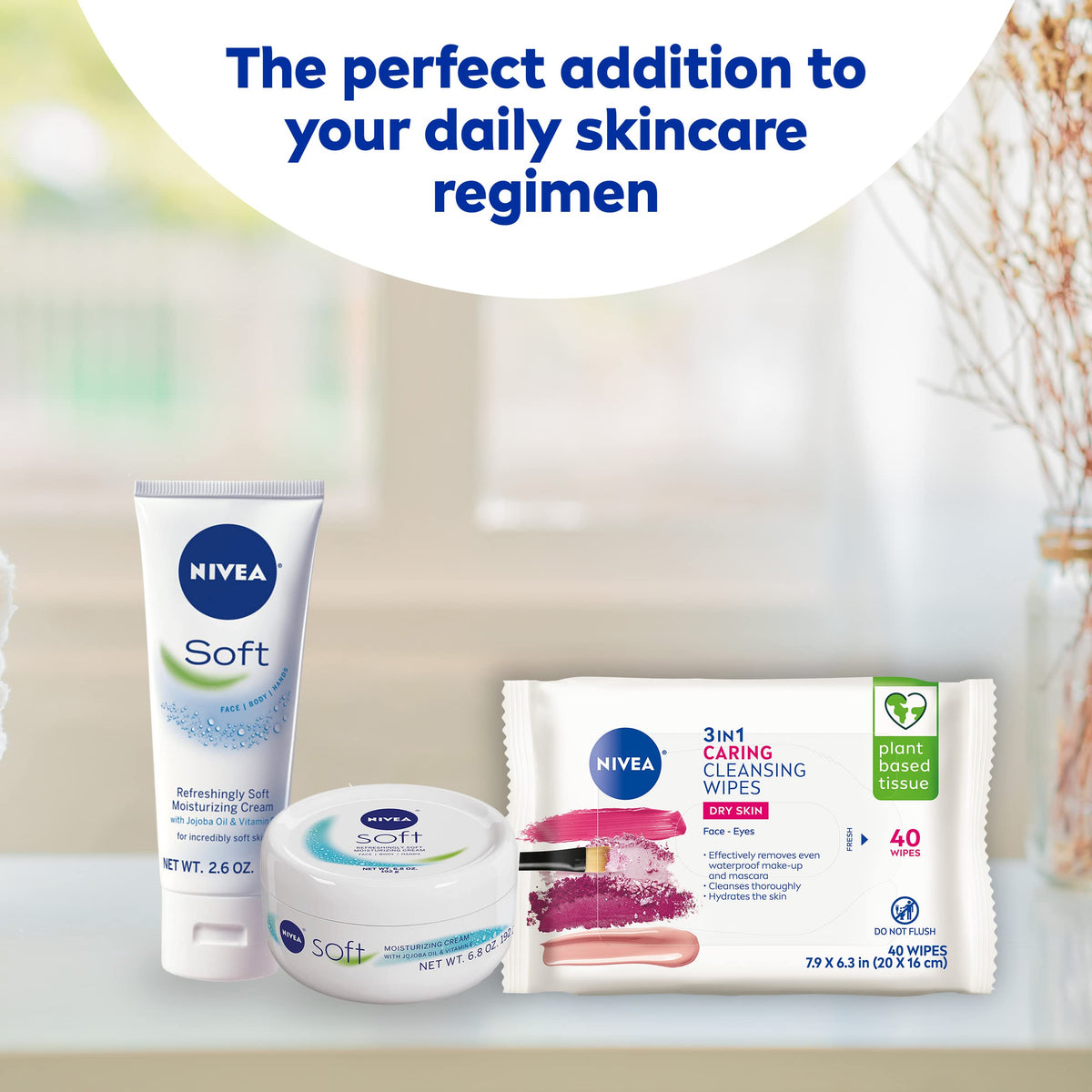 NIVEA 3in1 Caring Cleansing Wipes displayed with other skincare products