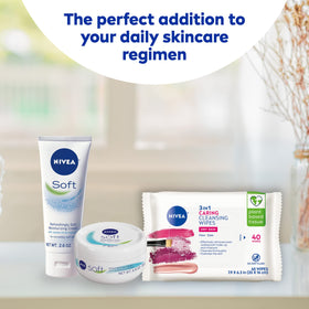 NIVEA 3in1 Caring Cleansing Wipes displayed with other skincare products