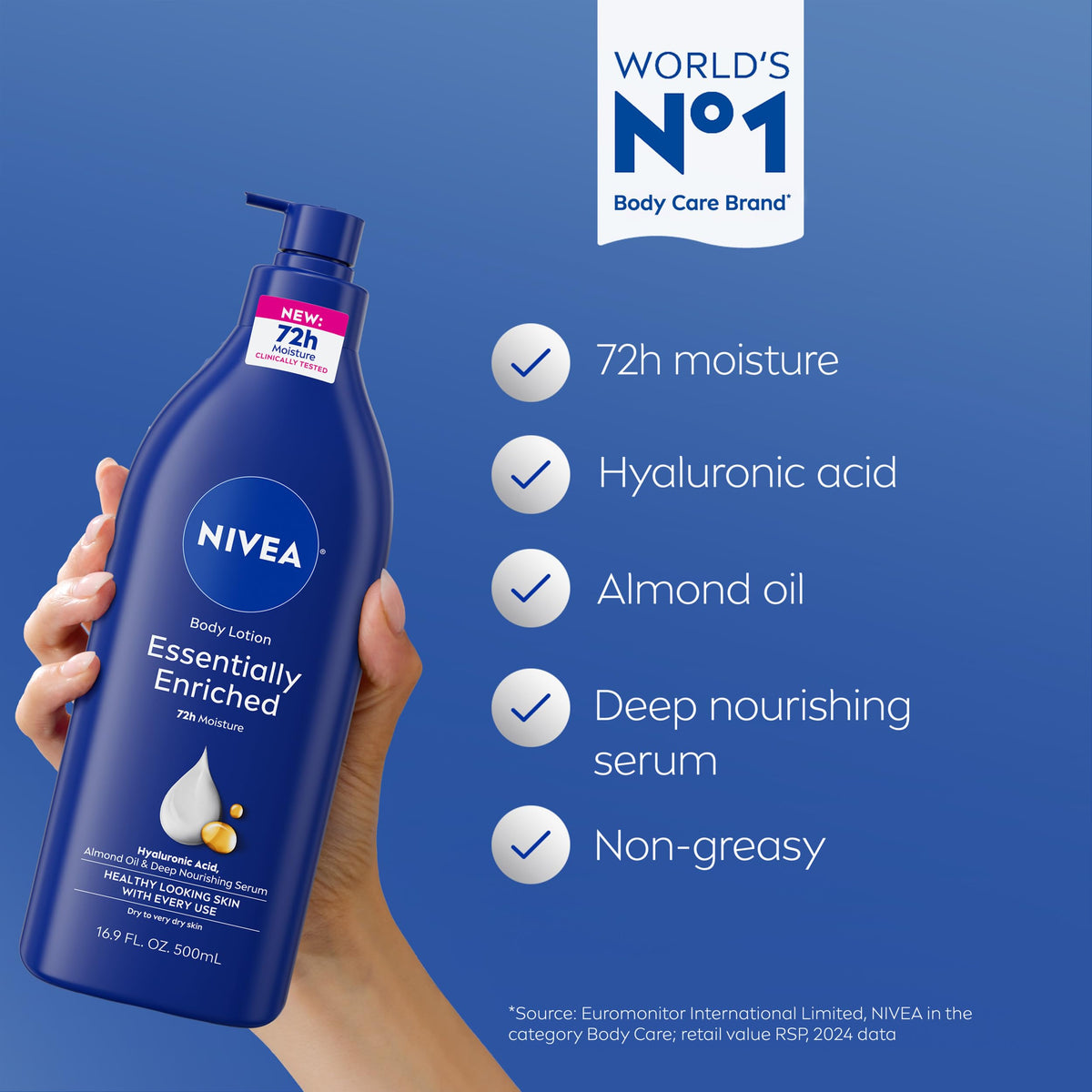 NIVEA Essentially Enriched Body Lotion back view with ingredient list