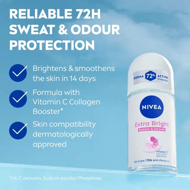 NIVEA Extra Bright Roll-On Deodorant packaging, 3-pack