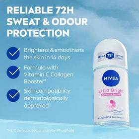 NIVEA Extra Bright Roll-On Deodorant packaging, 3-pack
