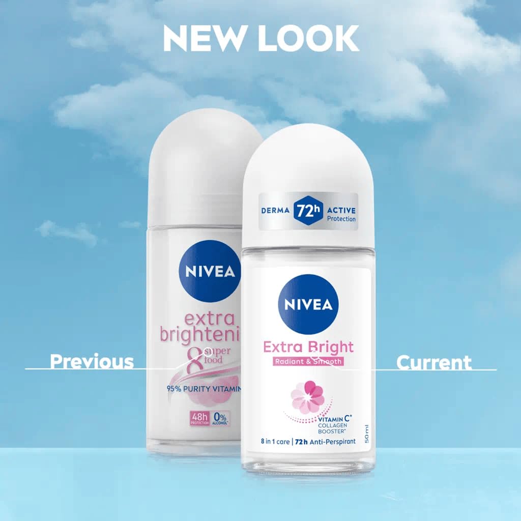 NIVEA Extra Bright Roll-On Deodorant side view, 50ml