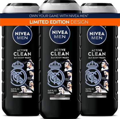 NIVEA MEN Active Clean 3-in-1 Body Wash 16.9 FL OZ front view