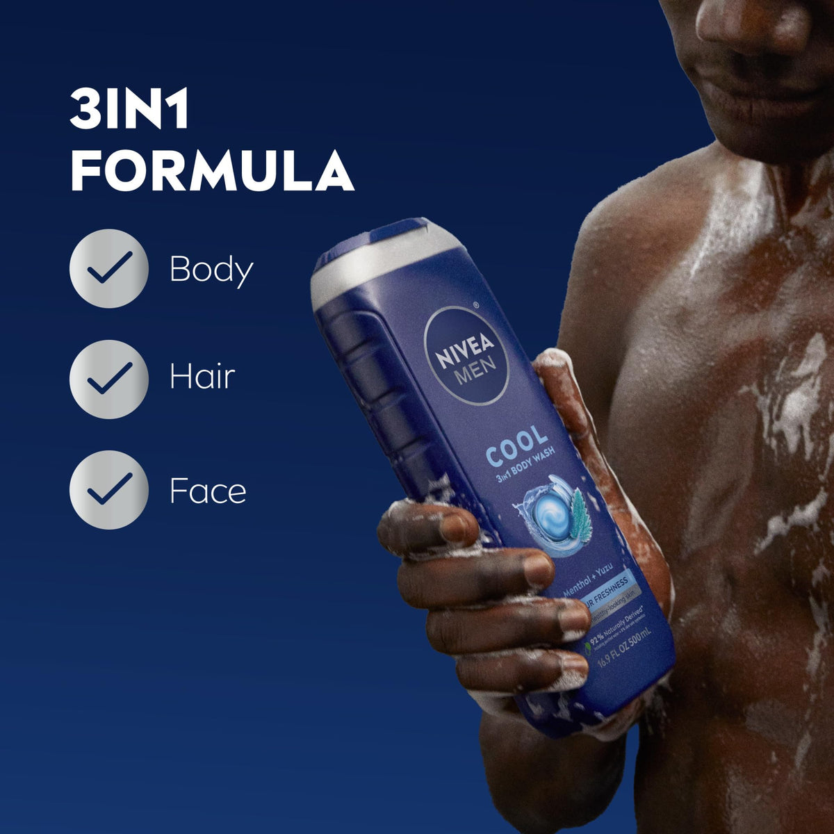 NIVEA MEN Cool Body Wash label showing 3-in-1 formula