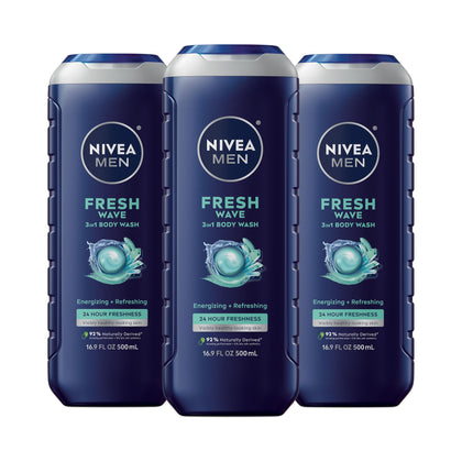 NIVEA MEN Fresh Wave 3-in-1 Body Wash three bottles front view