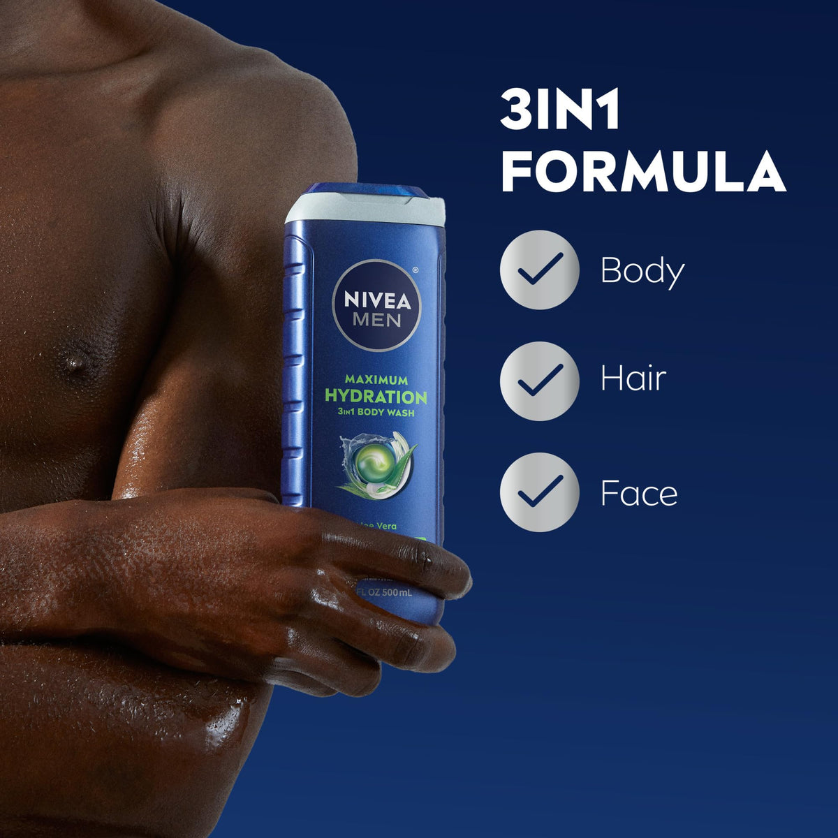 NIVEA MEN Maximum Hydration Body Wash in shower setting with water droplets
