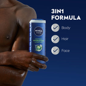 NIVEA MEN Maximum Hydration Body Wash in shower setting with water droplets