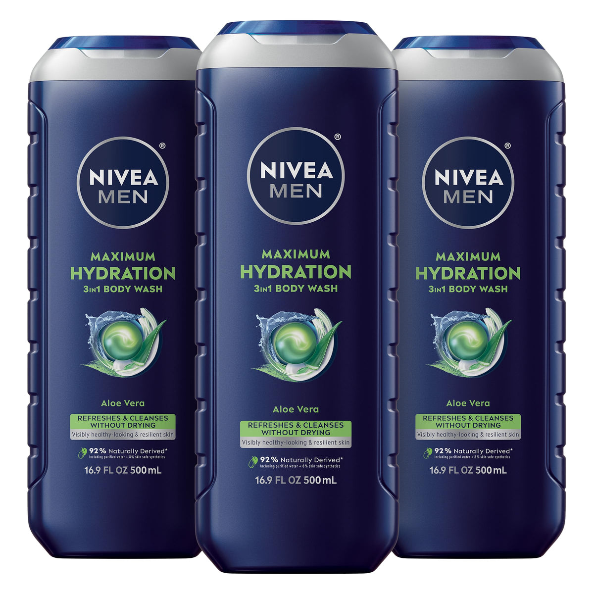 NIVEA MEN Maximum Hydration Body Wash three 16.9 fl oz bottles front view