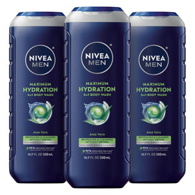 NIVEA MEN Maximum Hydration Body Wash three 16.9 fl oz bottles front view