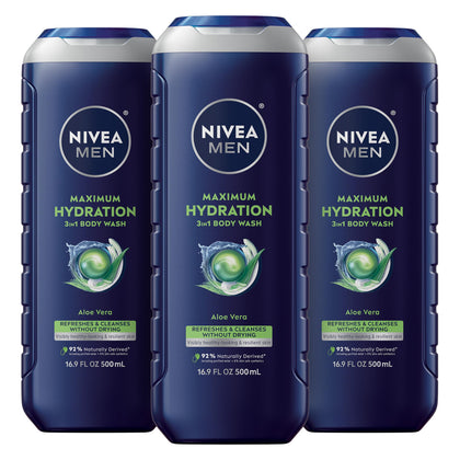 NIVEA MEN Maximum Hydration Body Wash three 16.9 fl oz bottles front view