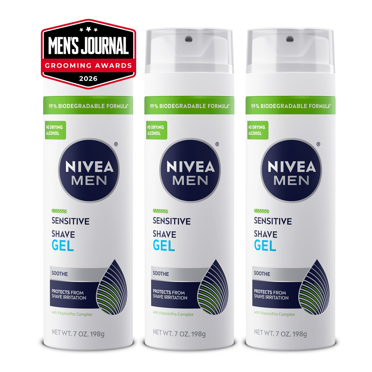 NIVEA MEN Sensitive Shave Gel 3-pack front view with three 7 oz cans