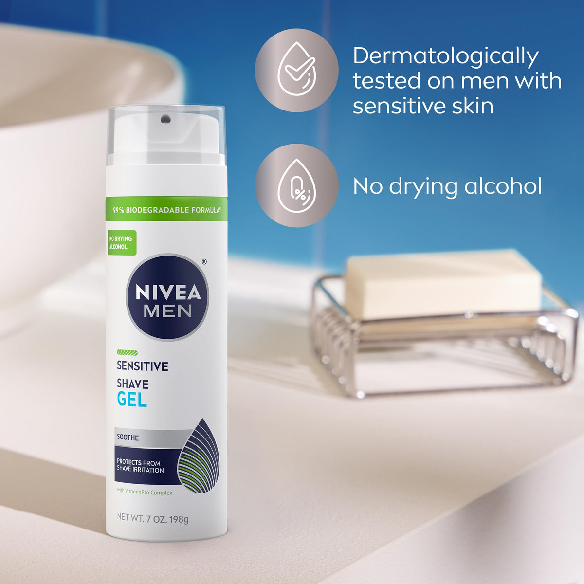 NIVEA MEN Sensitive Shave Gel can on a bathroom shelf