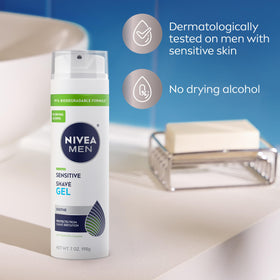 NIVEA MEN Sensitive Shave Gel can on a bathroom shelf