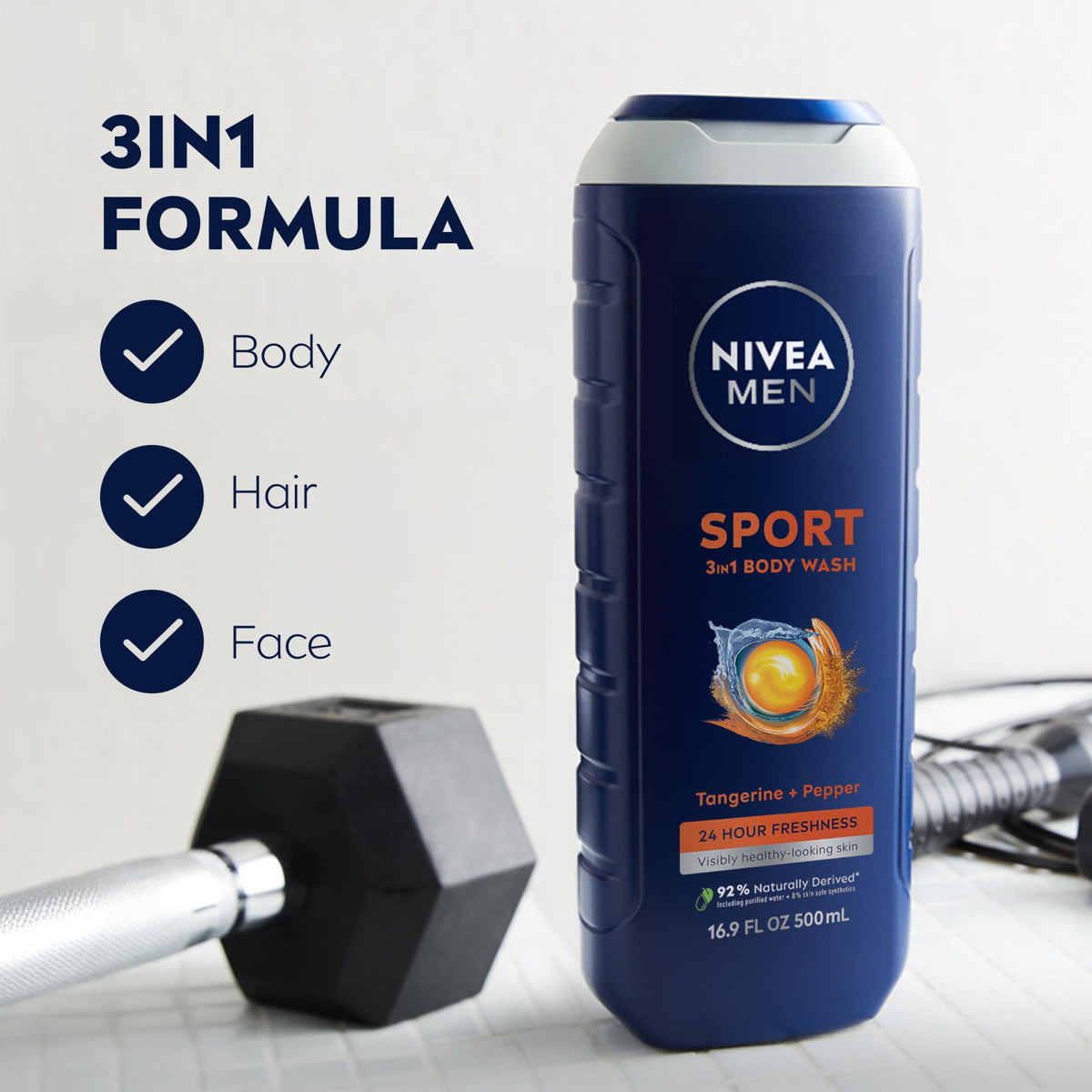 NIVEA MEN Sport Body Wash showing refreshing tangerine scent