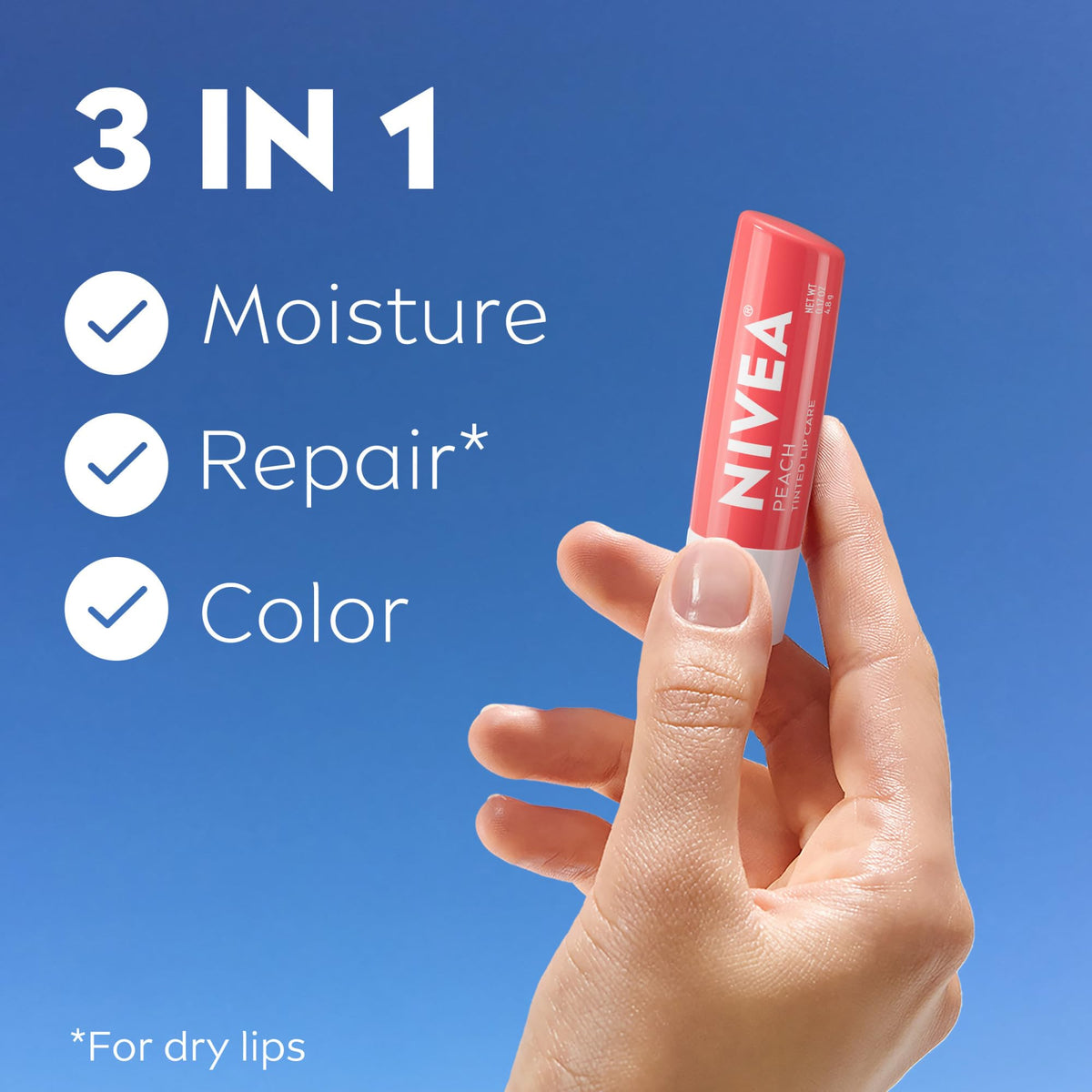 NIVEA Peach Lip Care tinted lip balm application on lips