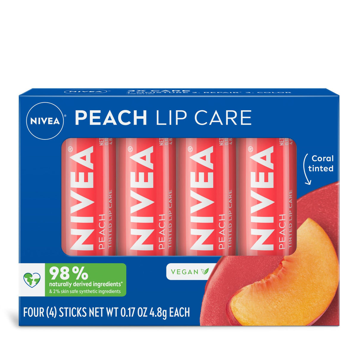 NIVEA Peach Lip Care tinted lip balm packaging front view