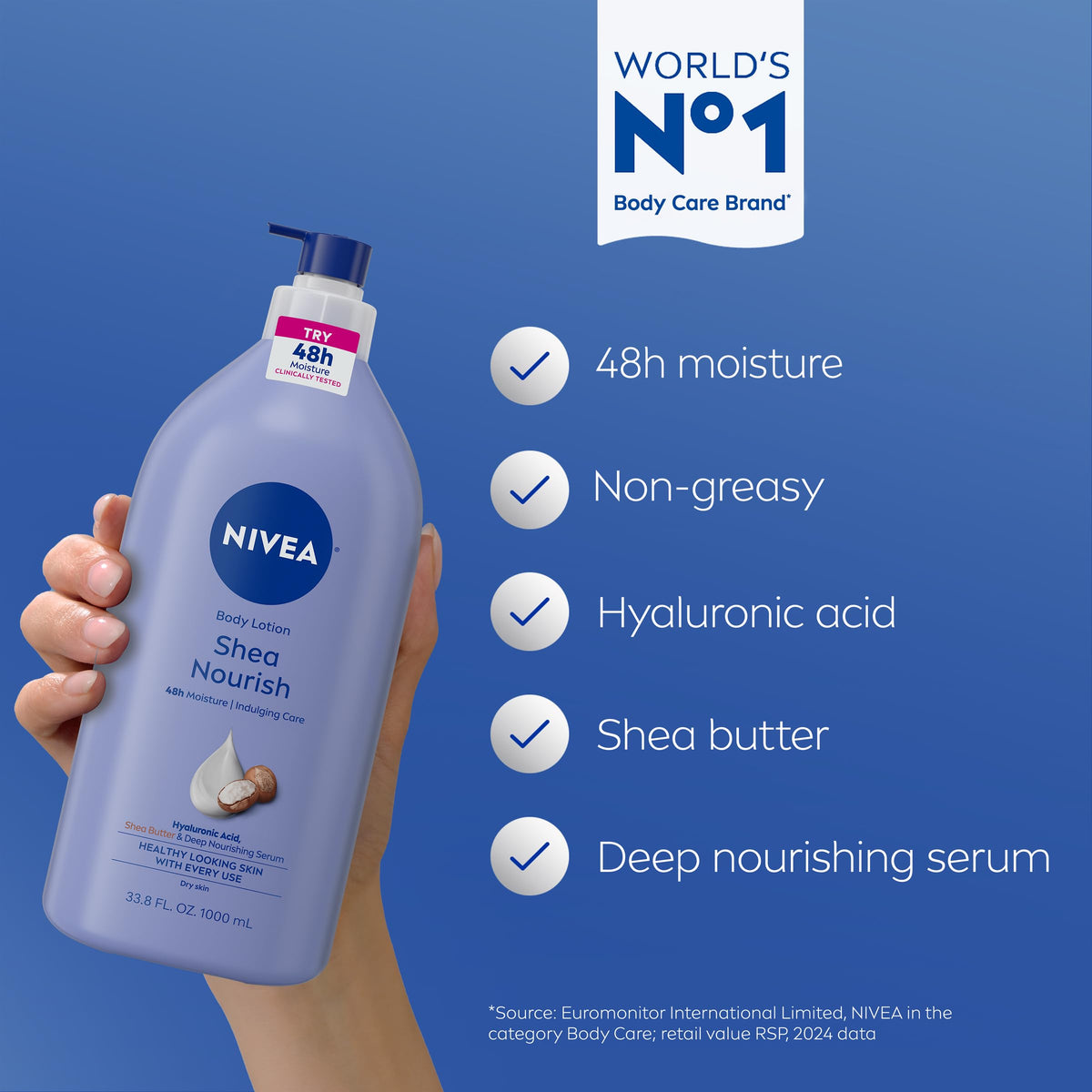NIVEA Shea Nourish Body Lotion with shea butter and hyaluronic acid ingredients