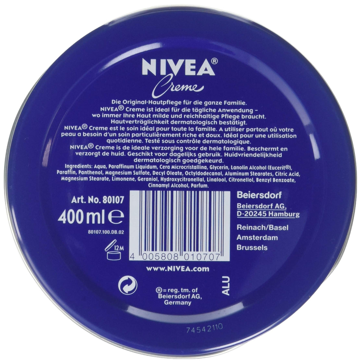 NIVEA Unscented Creme 400ml side view showing texture