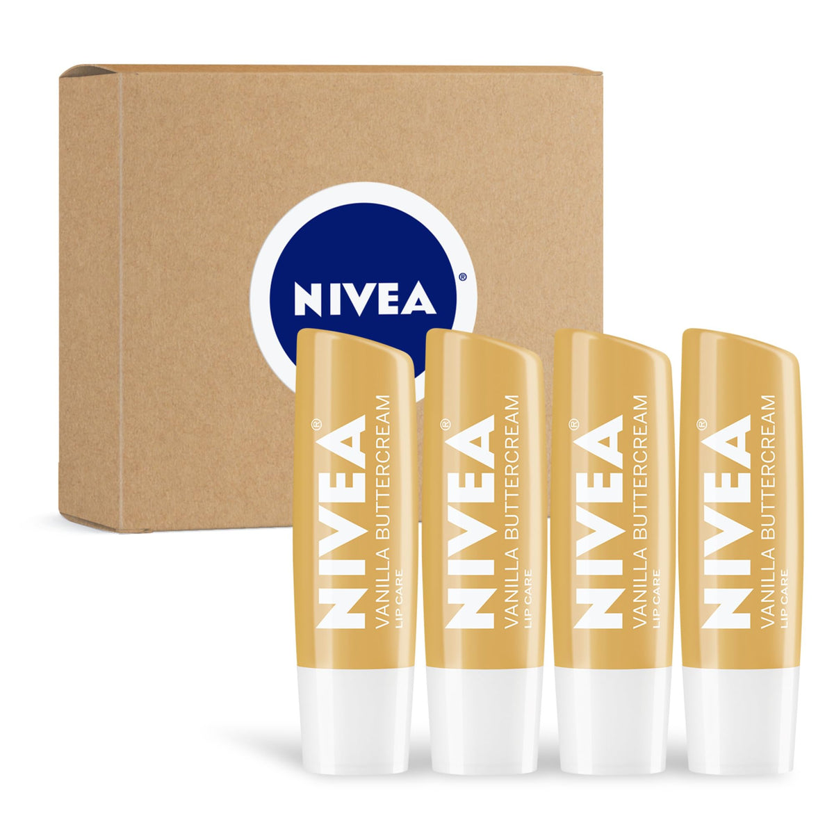 NIVEA Vanilla Buttercream Lip Care Balm front view, 4 x 0.17 OZ