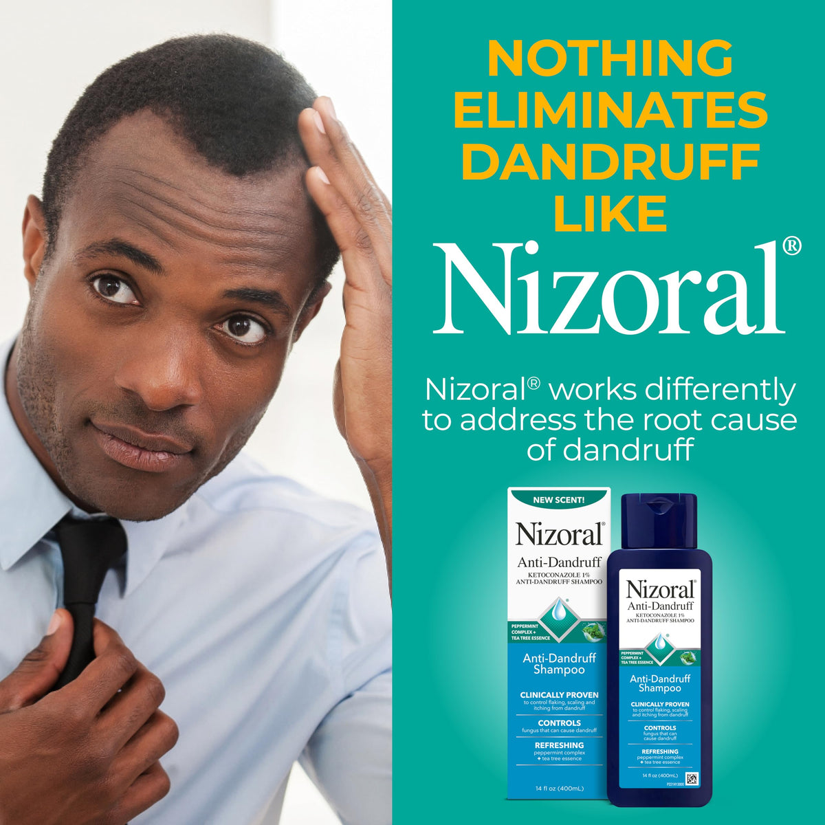 Nizoral Anti-Dandruff Shampoo 14 Fl Oz in a bathroom setting