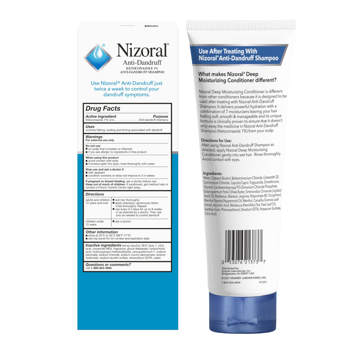 Nizoral Shampoo and Conditioner bundle on a bathroom shelf