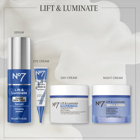No.7 Lift & Luminate Face Cream on a bathroom counter