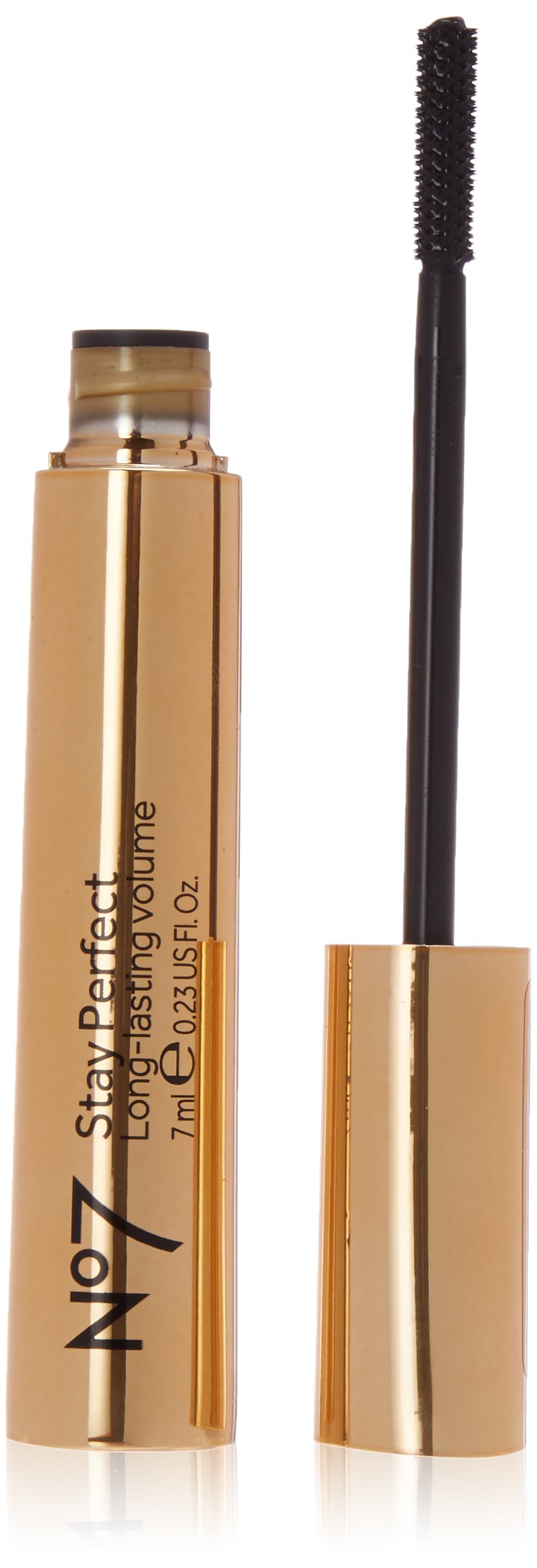 No.7 Stay Perfect Mascara in black, front view with packaging