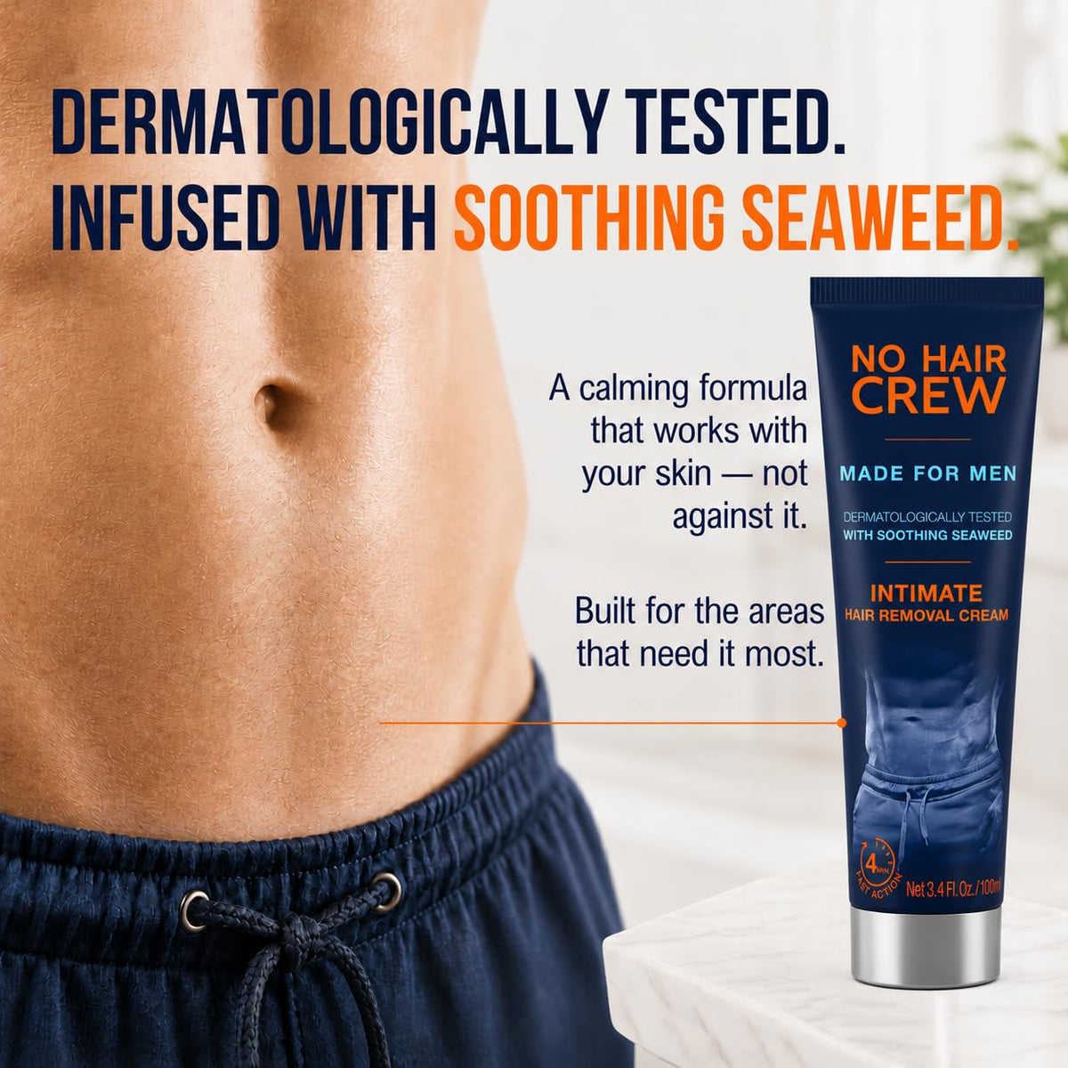 NO HAIR CREW Intimate Hair Removal Cream in bathroom setting