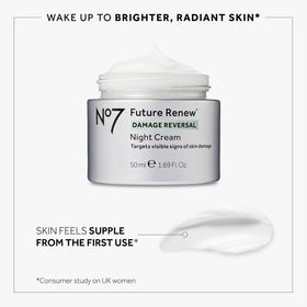 No7 Future Renew Damage Reversal Skincare Set displayed on a bathroom counter