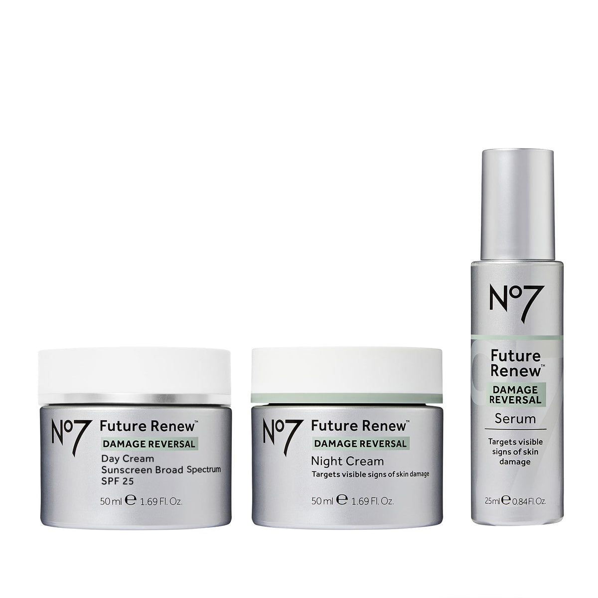No7 Future Renew Damage Reversal Skincare Set including serum, day cream, and night cream