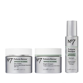 No7 Future Renew Damage Reversal Skincare Set including serum, day cream, and night cream