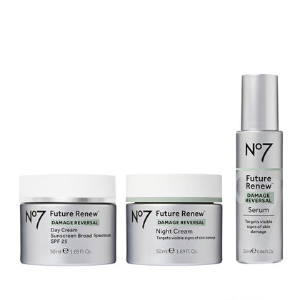 No7 Future Renew Damage Reversal Skincare Set including serum, day cream, and night cream