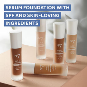 No7 Lift & Luminate Foundation with makeup brushes