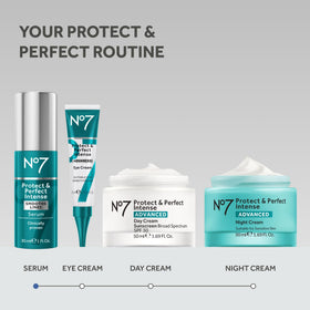 No7 Protect & Perfect Intense Advanced Face Serum bottle on a vanity