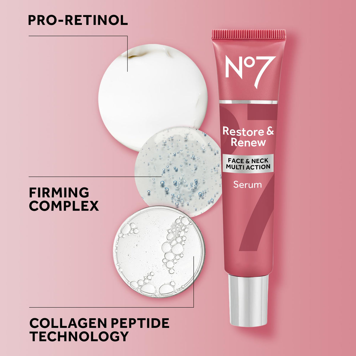 No7 Restore & Renew Serum on a bathroom counter