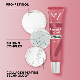 No7 Restore & Renew Serum on a bathroom counter