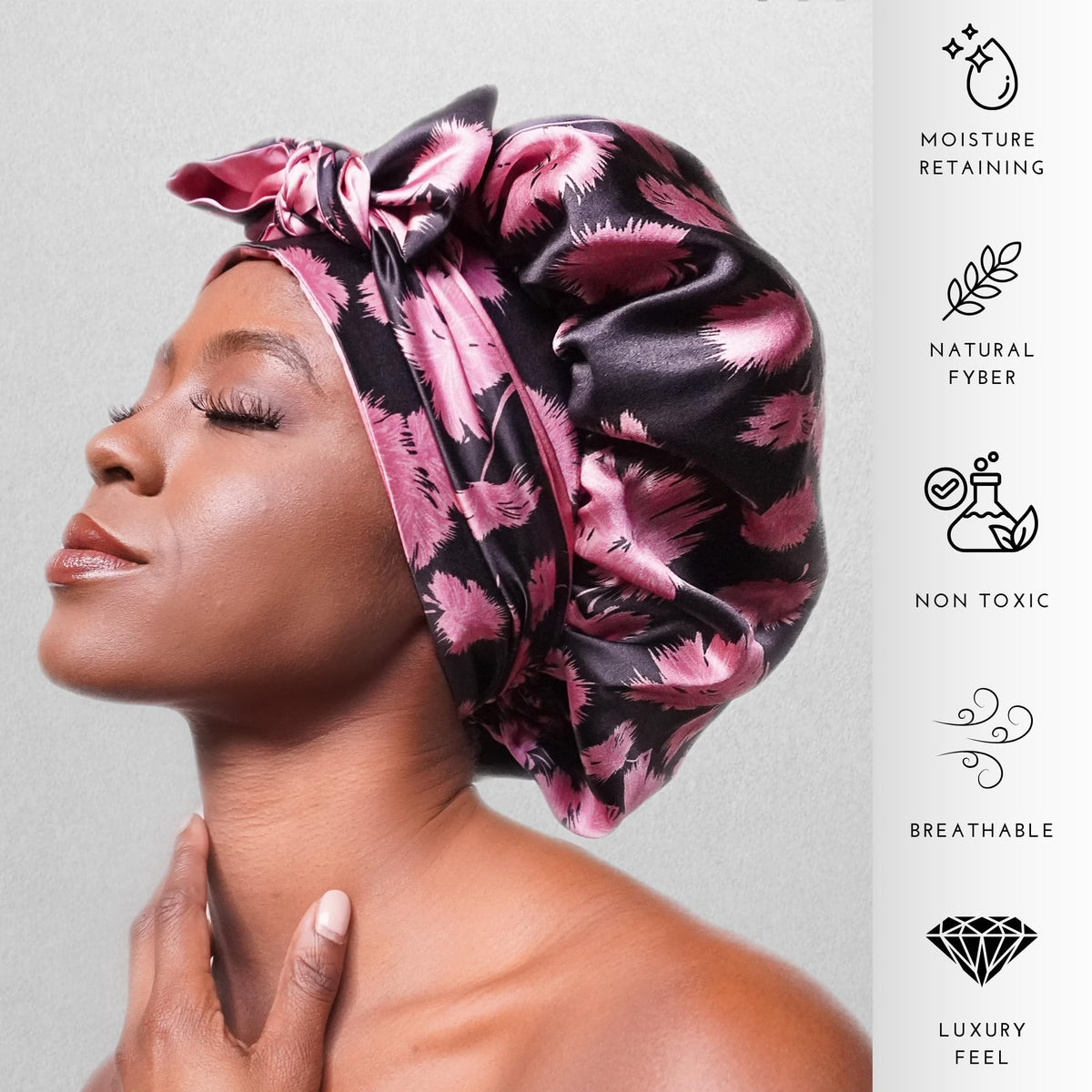 Nochka Fashion silk bonnet worn by a model with curly hair