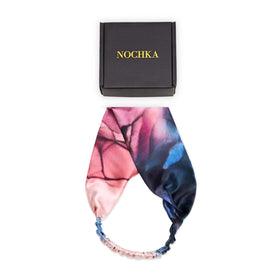 Nochka Fashion Silk Headband in Tie Dye Blue & Blush front view