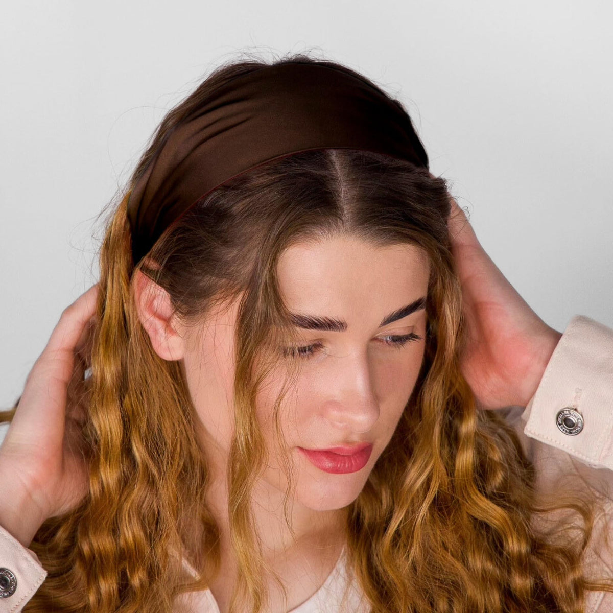 Nochka Fashion silk headband styled with casual outfit