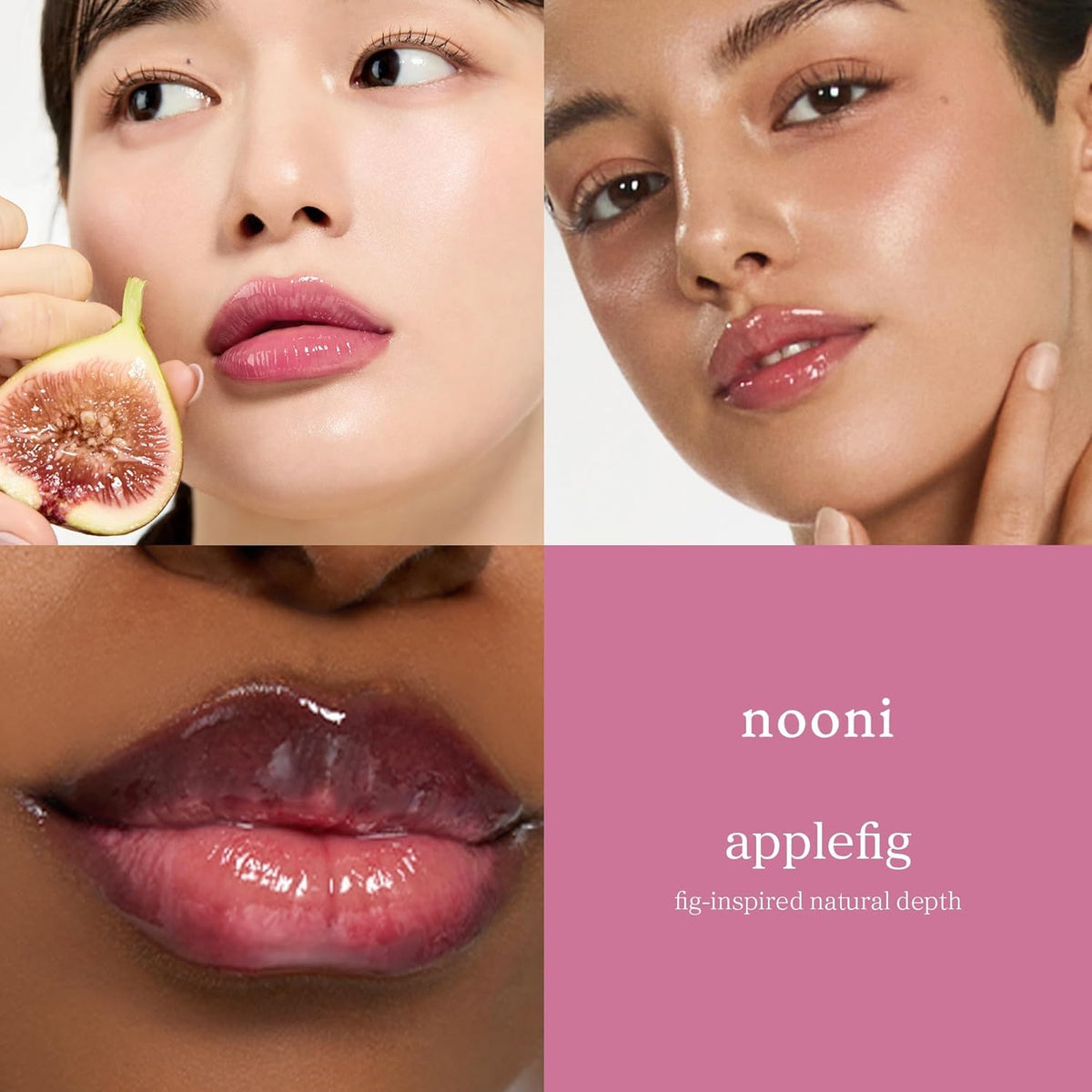 NOONI lip oil in Applefig shade on lips