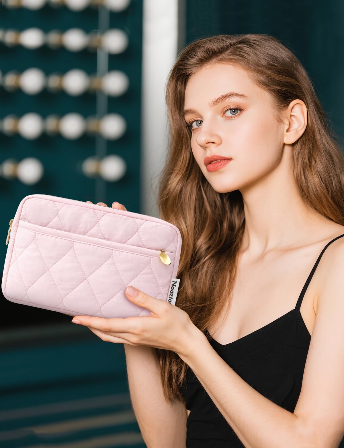 Noozion Makeup Bag in a stylish bathroom setting