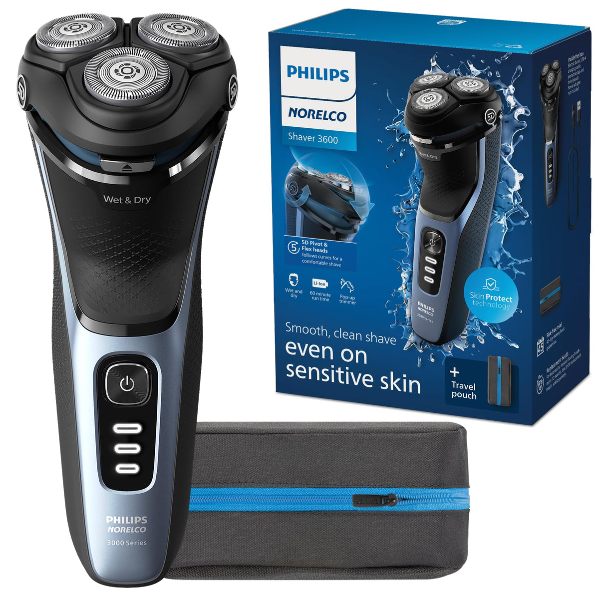 Norelco 3600 Electric Shaver front view in Storm Blue