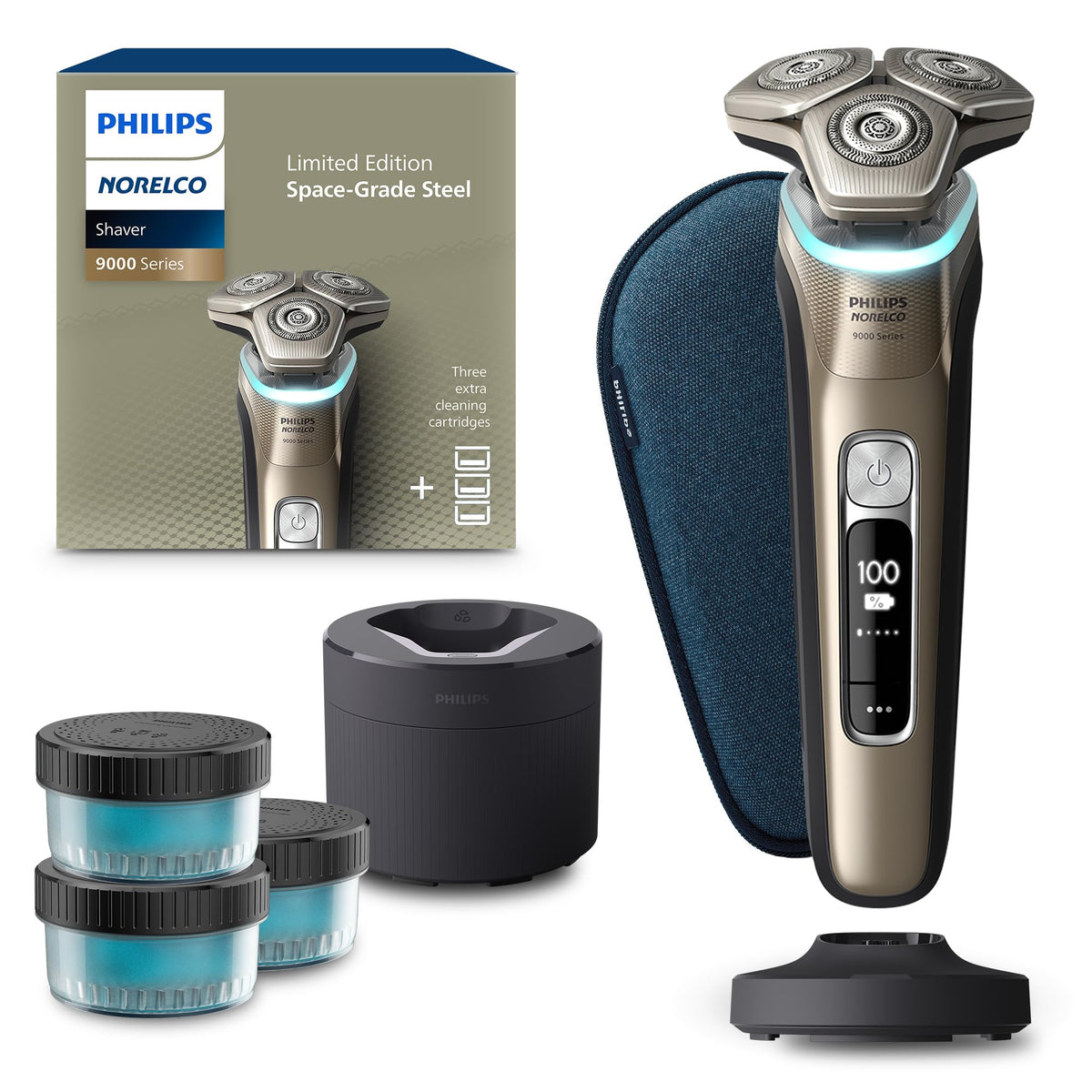Norelco 9000 Electric Shaver front view with charging stand