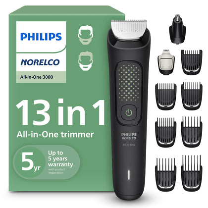 Norelco All-in-One 3000 Trimmer front view with attachments